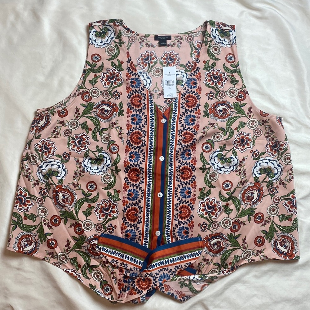 Ann Taylor Factory Pink Floral Sleeveless Blouse, Size XL